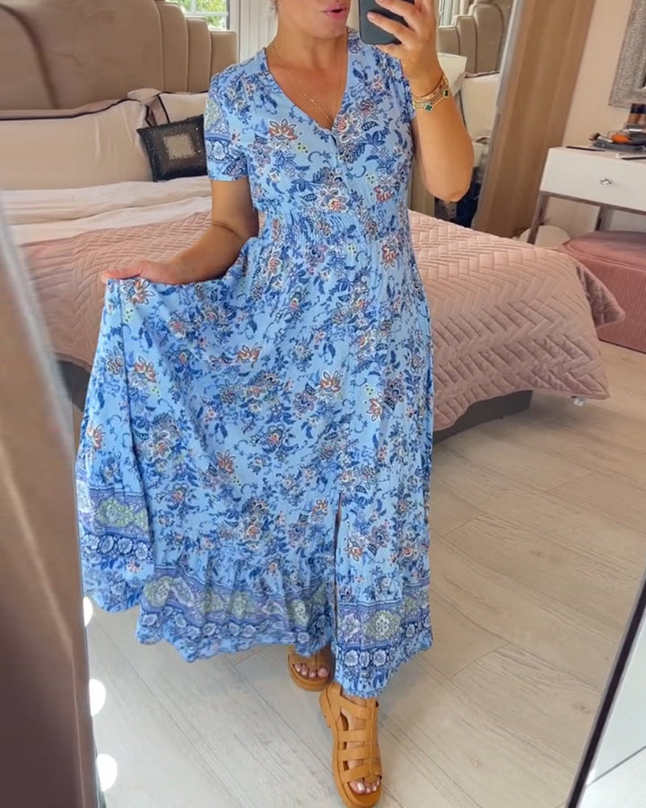 TESSA - LANGES GEMUSTERTES KLEID MIT KNOPFLEISTE