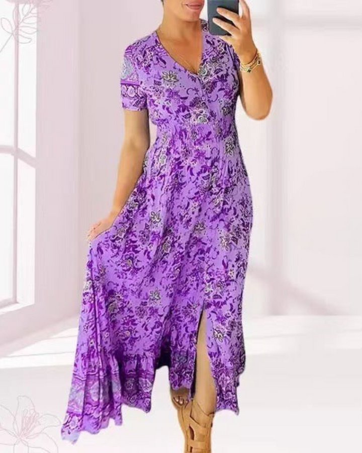 TESSA - LANGES GEMUSTERTES KLEID MIT KNOPFLEISTE