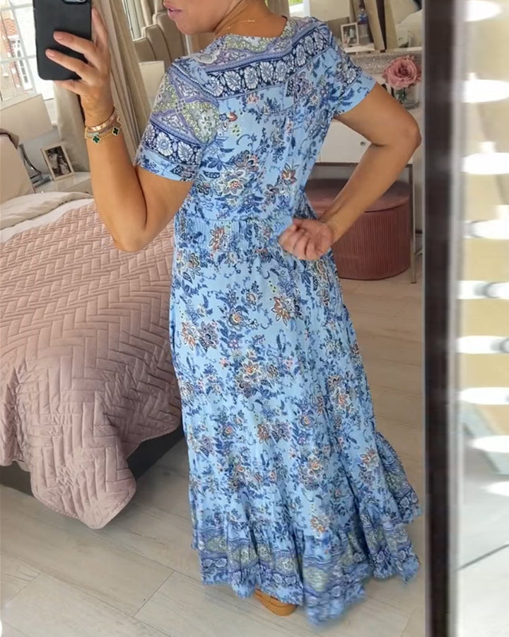 TESSA - LANGES GEMUSTERTES KLEID MIT KNOPFLEISTE