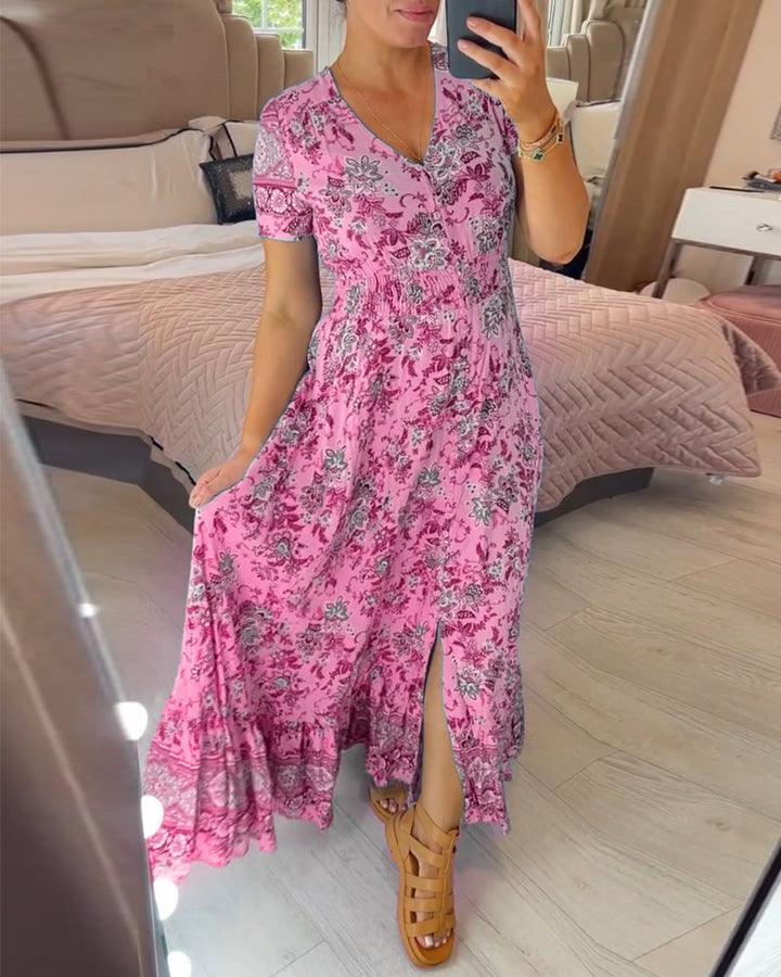 TESSA - LANGES GEMUSTERTES KLEID MIT KNOPFLEISTE