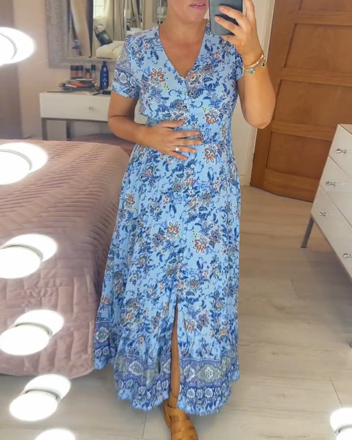 TESSA - LANGES GEMUSTERTES KLEID MIT KNOPFLEISTE