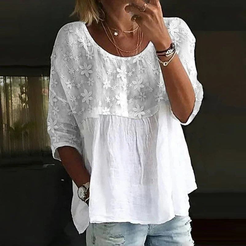 NERMIN - PATCHWORK-BLUSE MIT FLORALEM STICKERE
